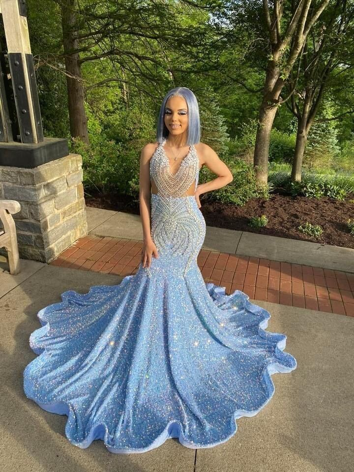 Gorgeous Blue Sequins Beaded Mermaid Evening Dress Shiny Party Prom Dress cc1694
