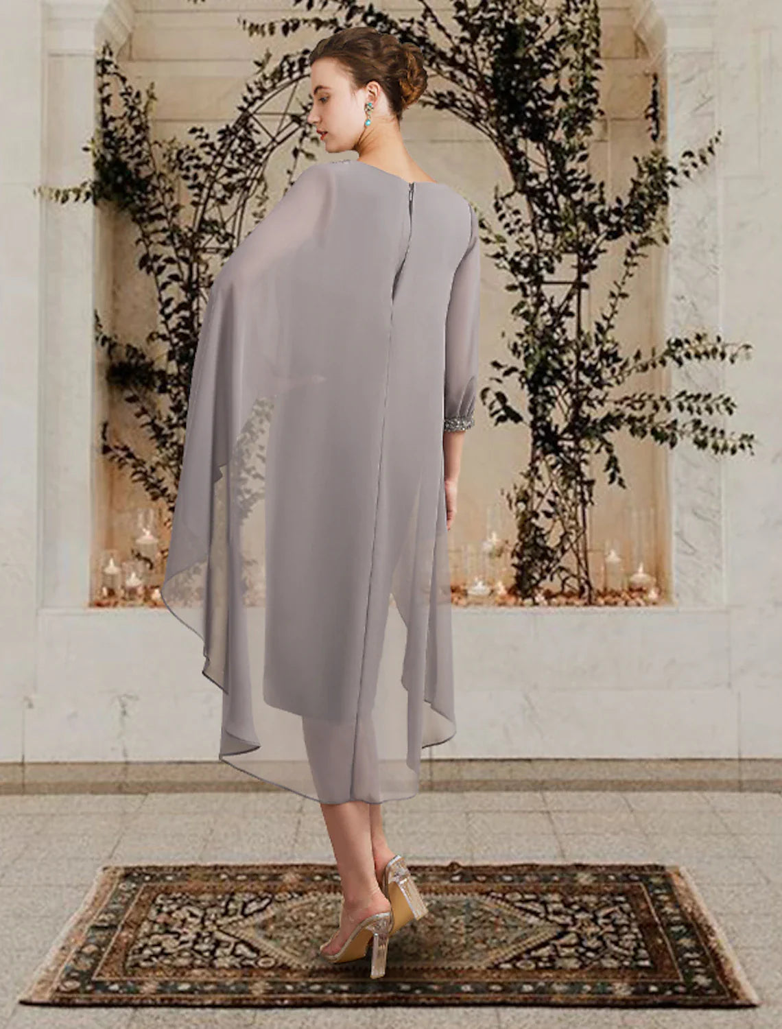 Wholesale Sheath / Column Mother of the Bride Dress Wedding Guest Elegant Jewel Neck Floor Length Chiffon 3/4 Length Sleeve with Beading Sequin Fall