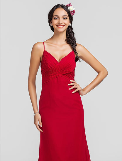 Sheath / Column Spaghetti Strap Floor Length Chiffon Bridesmaid Dress with Criss Cross