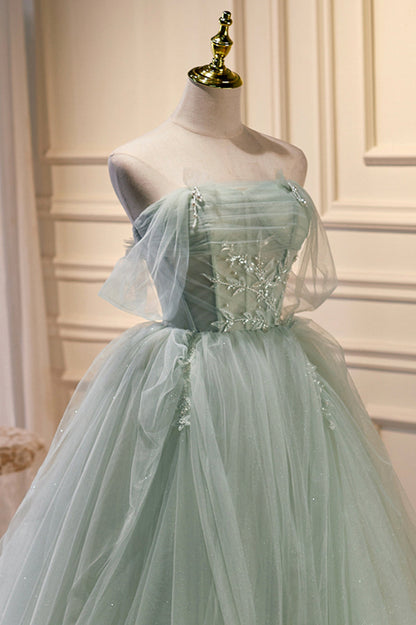 Green Tulle Beaded Ball Gown Off Shoulder Party Dress Sweet 16 Dress Beautiful