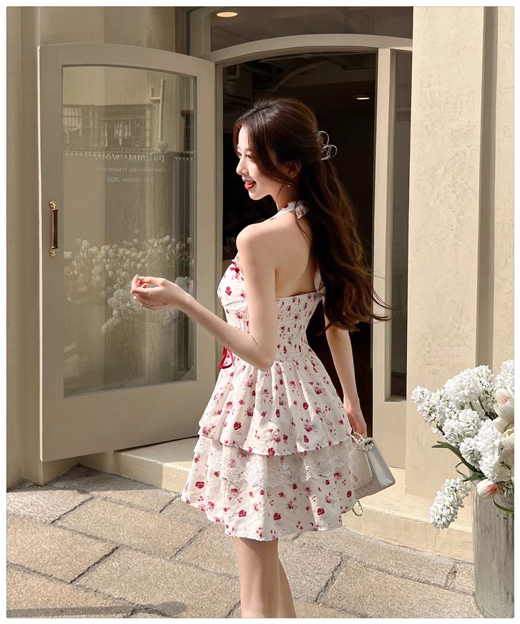 New Fashion Red Floral Print Bow Design A-line Halter Dress HZ1024