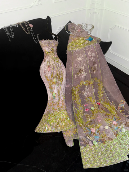 Gorgeous Sparkling Pink Beaded Applique Mermaid Design Exquisite Embroidery Evening Dress Prom Dresses HZ1024