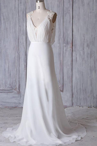 Affordable Ruffle Chiffon Sheath Wedding Dress V-Neck Sleeveless