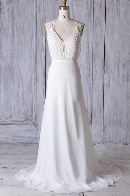 Affordable Ruffle Chiffon Sheath Wedding Dress V-Neck Sleeveless