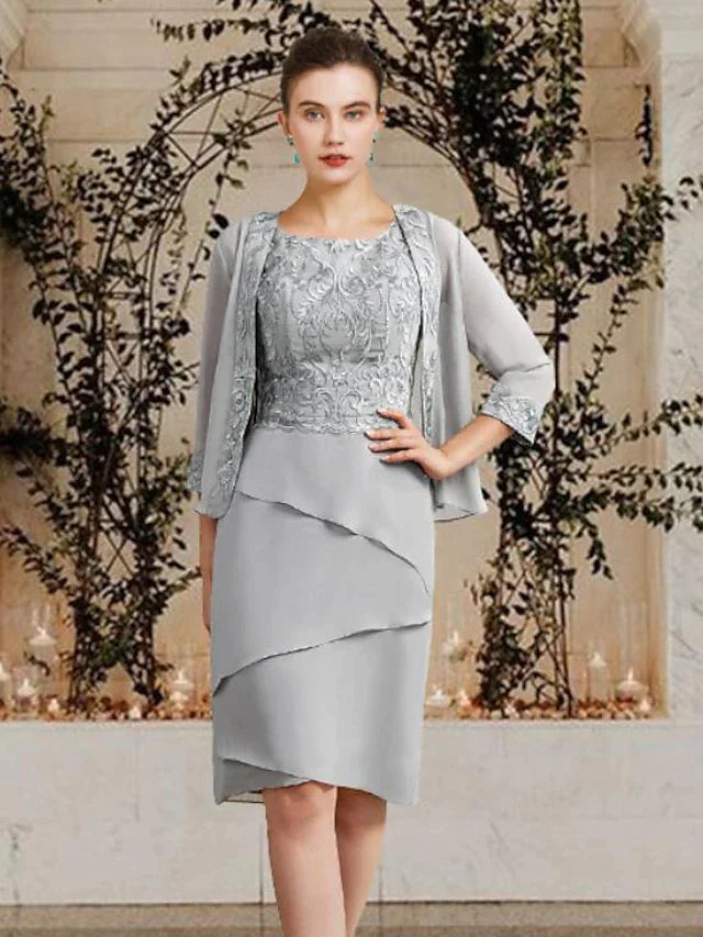 Two Piece Sheath / Column Mother of the Bride Dress Church Elegant Square Neck Jewel Neck Knee Length Chiffon Lace Sleeveless Wrap Included with Ruffles Appliques