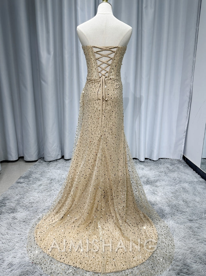 Wholesale Elegant Formal Wear Dresses Strapless Champion Sequin Long Prom Dress Slit Evening Gown Charming Party Dress