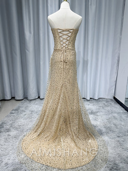 Wholesale Elegant Formal Wear Dresses Strapless Champion Sequin Long Prom Dress Slit Evening Gown Charming Party Dress