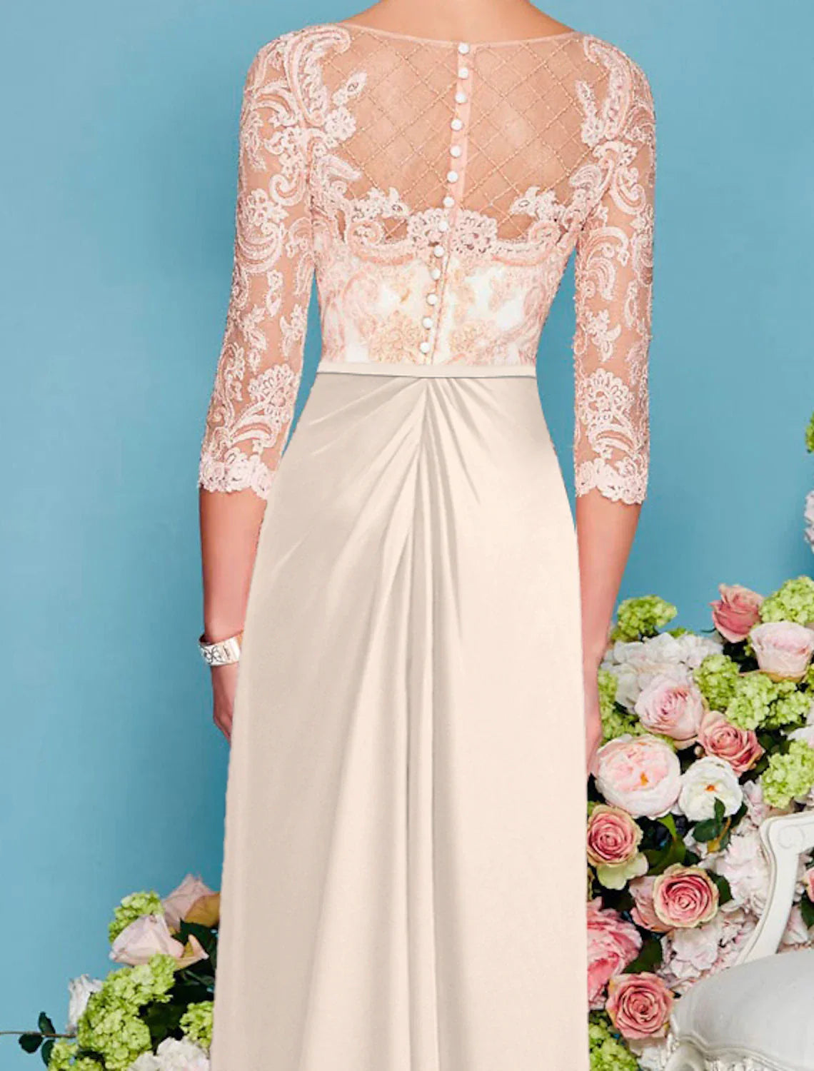 Sheath / Column Mother of the Bride Dress Wedding Guest Elegant Luxurious Scoop Neck Floor Length Chiffon Lace 3/4 Length Sleeve with Beading Appliques