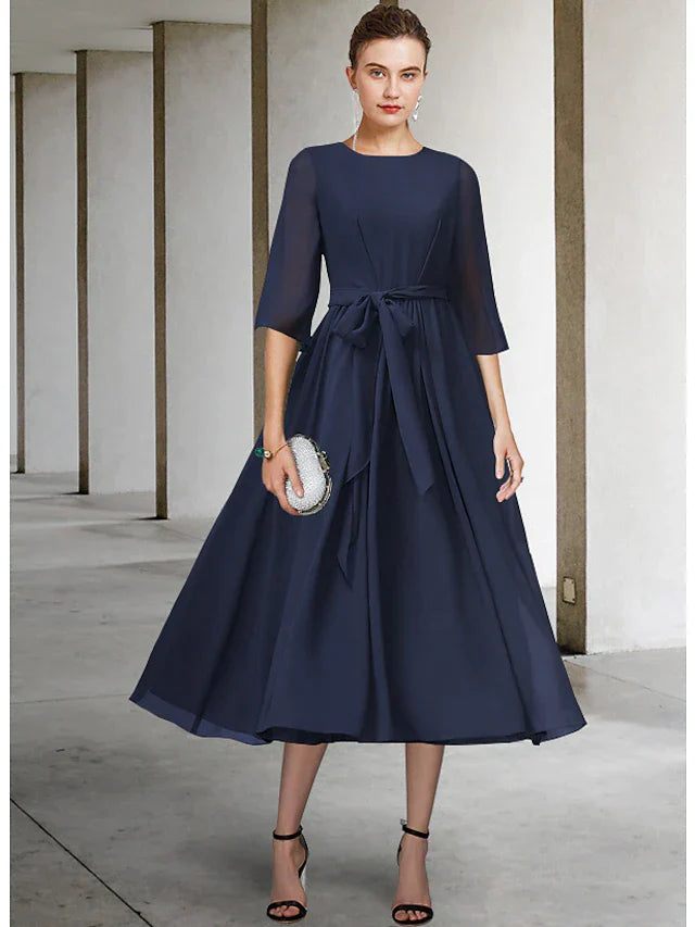 DingjiSheath / Column Mother of the Bride Dress Simple Elegant Scoop Neck Tea Length Chiffon Half Sleeve with Sash / Ribbon Pleats
