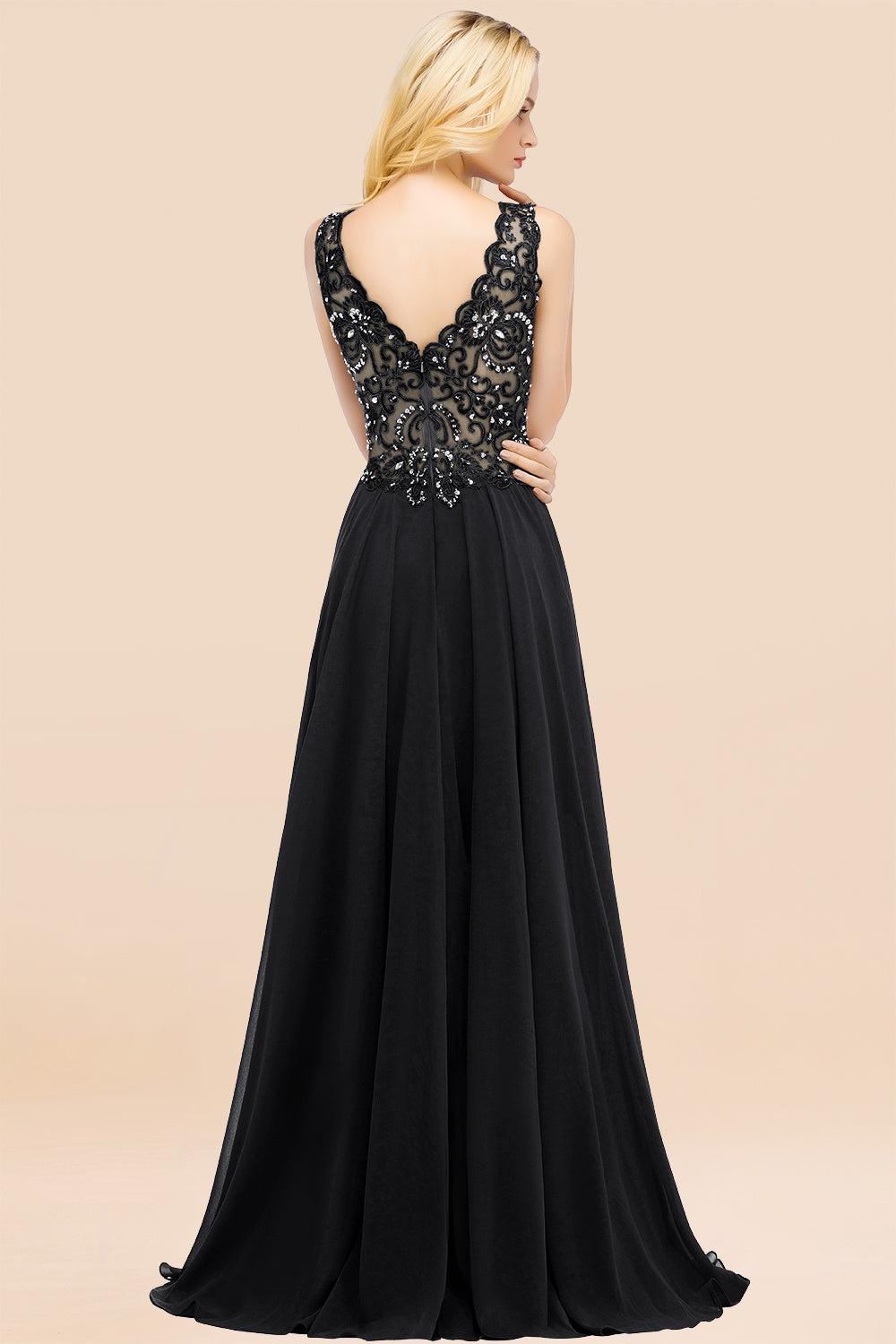 Elegant V-Neck Chiffon Aline Bridesmaid Dress Sleeveless Lace Beadings Wedding Guest Dress