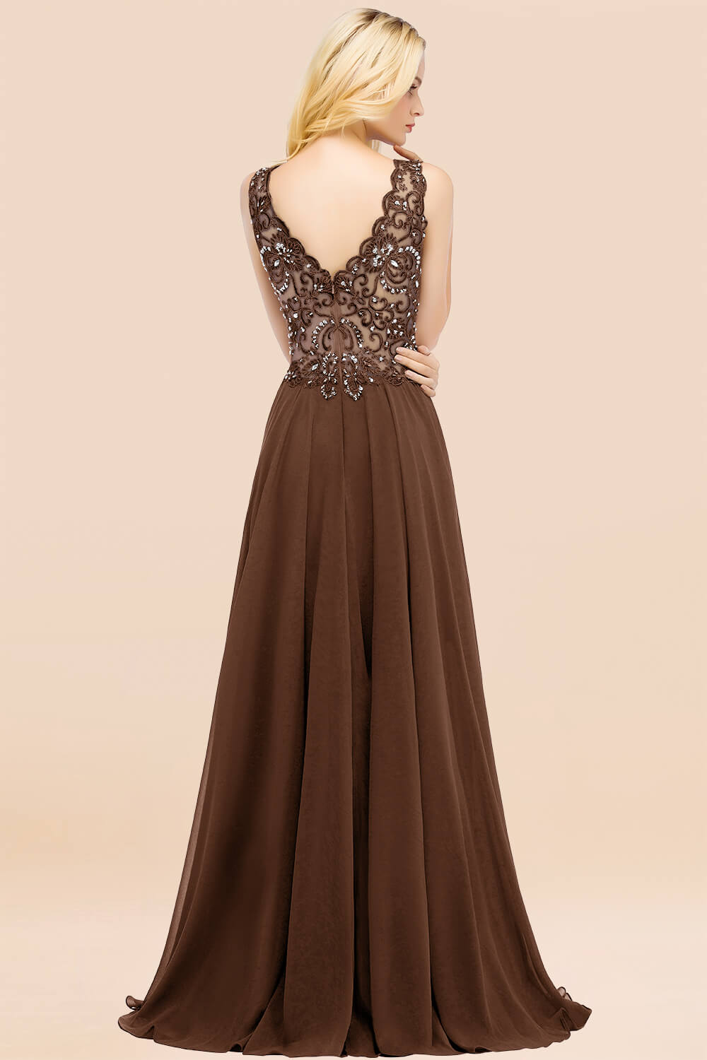 Elegant V-Neck Chiffon Aline Bridesmaid Dress Sleeveless Lace Beadings Wedding Guest Dress