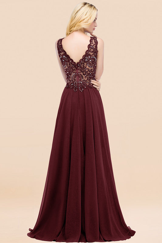 Elegant V-Neck Chiffon Aline Bridesmaid Dress Sleeveless Lace Beadings Wedding Guest Dress