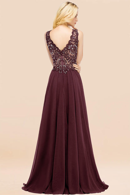 Elegant V-Neck Chiffon Aline Bridesmaid Dress Sleeveless Lace Beadings Wedding Guest Dress