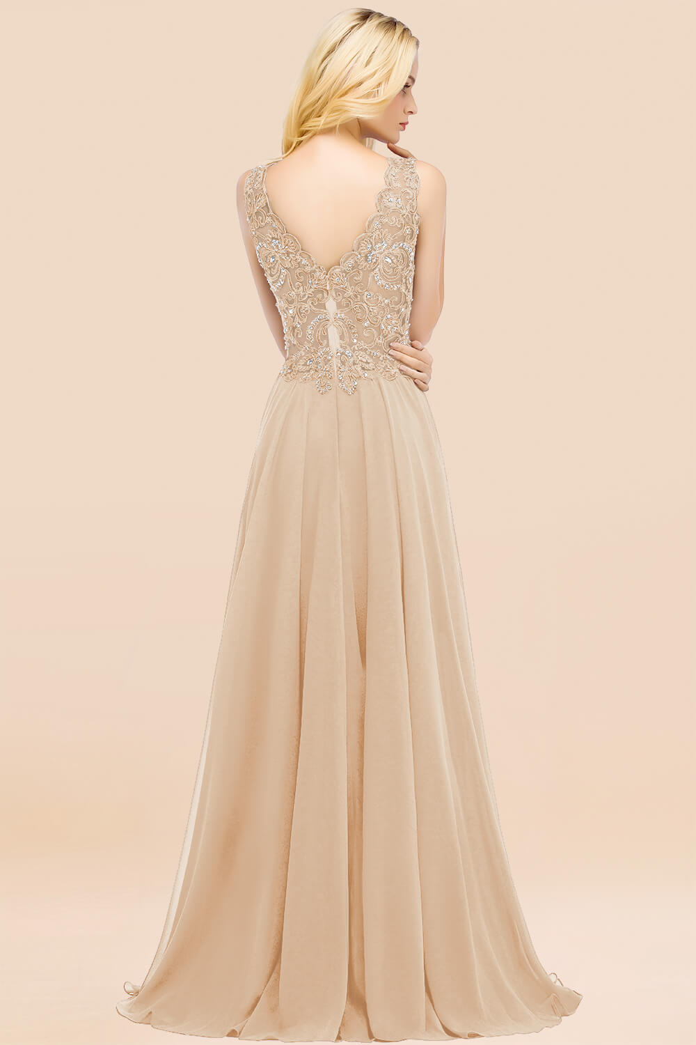 Elegant V-Neck Chiffon Aline Bridesmaid Dress Sleeveless Lace Beadings Wedding Guest Dress