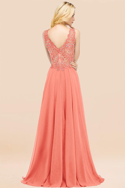 Elegant V-Neck Chiffon Aline Bridesmaid Dress Sleeveless Lace Beadings Wedding Guest Dress
