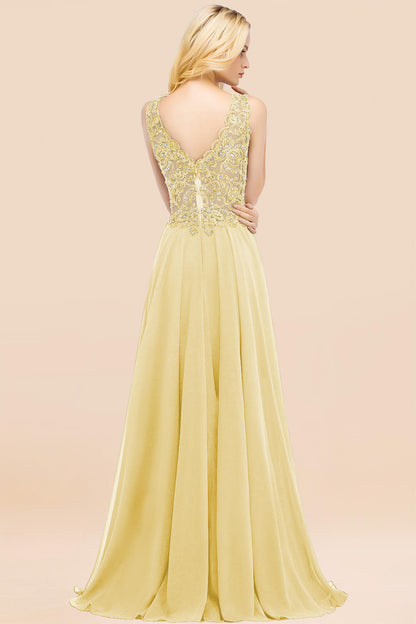 Elegant V-Neck Chiffon Aline Bridesmaid Dress Sleeveless Lace Beadings Wedding Guest Dress