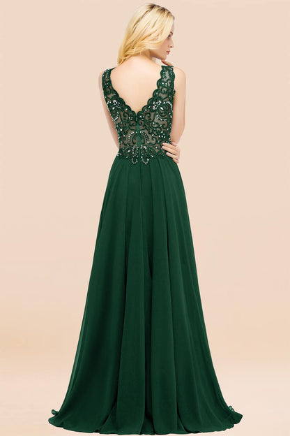 Elegant V-Neck Chiffon Aline Bridesmaid Dress Sleeveless Lace Beadings Wedding Guest Dress