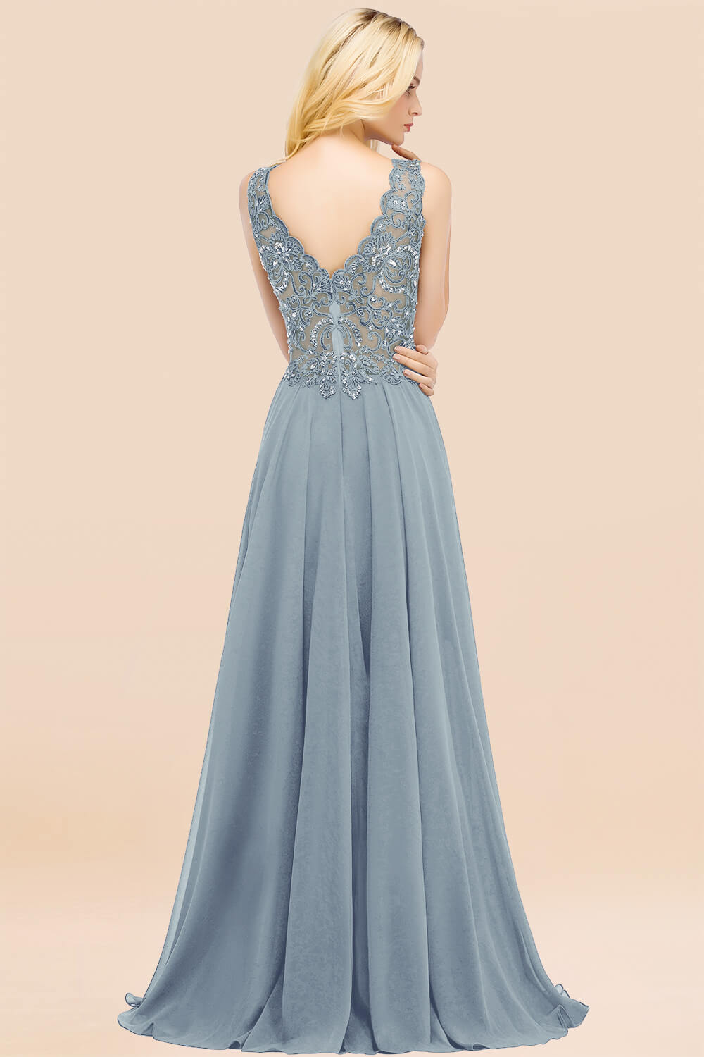 Elegant V-Neck Chiffon Aline Bridesmaid Dress Sleeveless Lace Beadings Wedding Guest Dress
