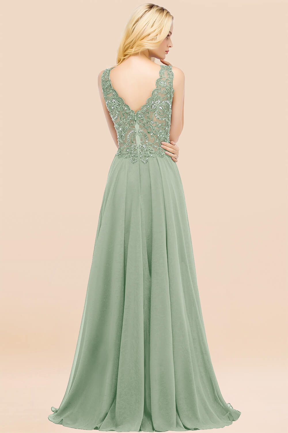 Elegant V-Neck Chiffon Aline Bridesmaid Dress Sleeveless Lace Beadings Wedding Guest Dress