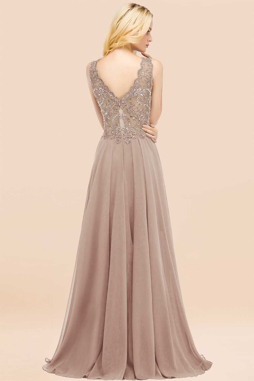 Elegant V-Neck Chiffon Aline Bridesmaid Dress Sleeveless Lace Beadings Wedding Guest Dress