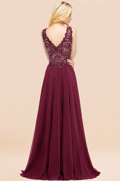 Elegant V-Neck Chiffon Aline Bridesmaid Dress Sleeveless Lace Beadings Wedding Guest Dress