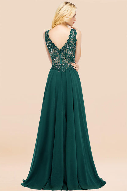 Elegant V-Neck Chiffon Aline Bridesmaid Dress Sleeveless Lace Beadings Wedding Guest Dress