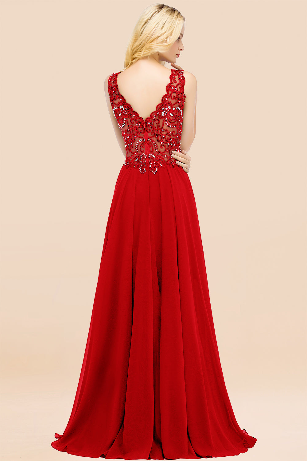 Elegant V-Neck Chiffon Aline Bridesmaid Dress Sleeveless Lace Beadings Wedding Guest Dress