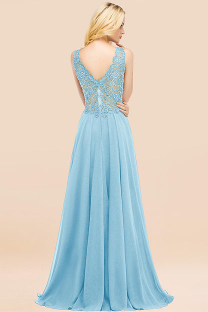 Elegant V-Neck Chiffon Aline Bridesmaid Dress Sleeveless Lace Beadings Wedding Guest Dress