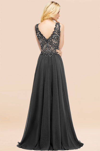 Elegant V-Neck Chiffon Aline Bridesmaid Dress Sleeveless Lace Beadings Wedding Guest Dress