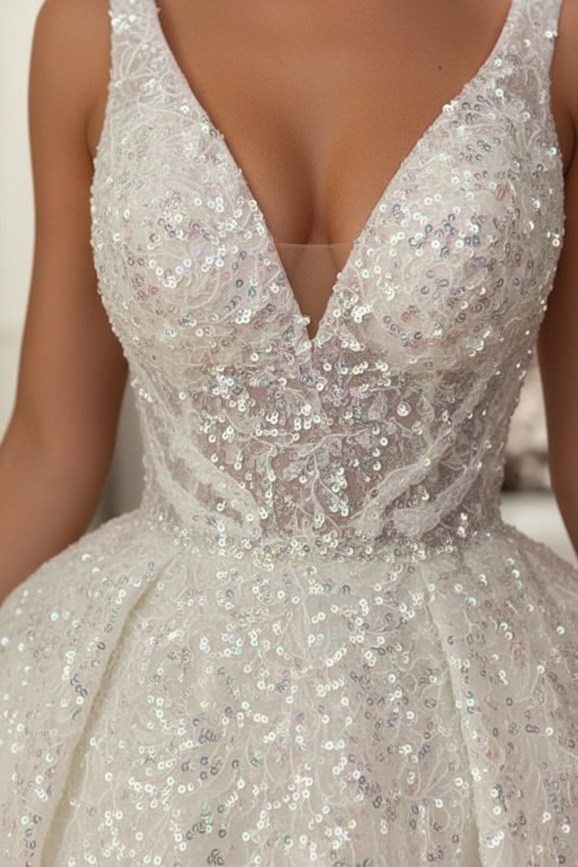 Aline Sleeveless Front Split Wedding Dress V-neck Sequins Bridal Dress