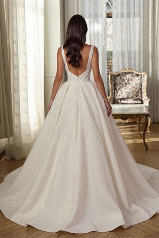 Aline Sleeveless Front Split Wedding Dress V-neck Sequins Bridal Dress