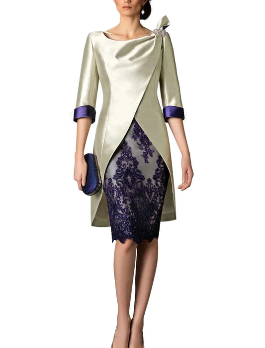 Two Piece Sheath / Column Mother of the Bride Dress Wedding Guest Church Vintage Plus Size V Neck Knee Length Satin Lace 3/4 Length Sleeve Jacket Dresses with Color Block