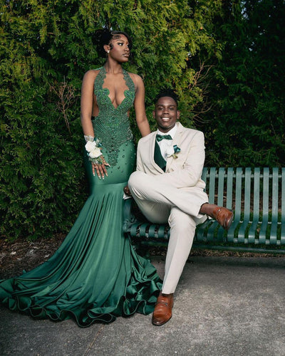 Vintage Dark Green Glittering Beaded Prom Dress Halter-neck Evening Gown Mermaid Party Dress Long Formal Dress HZ1024