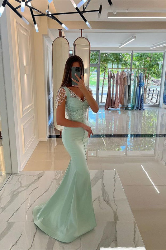 Amazing Mint Green Cap Sleeves Prom Dress Long with Beads