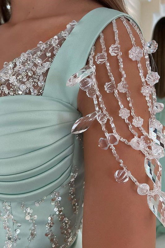 Amazing Mint Green Cap Sleeves Prom Dress Long with Beads
