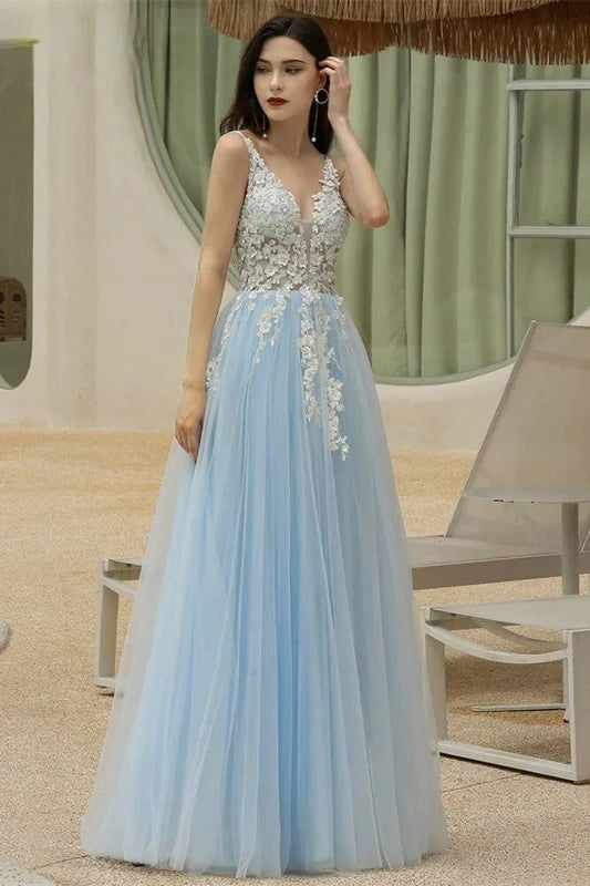 Amazing Sky Blue V-Neck Evening Party Gowns Tulle Long With Appliques