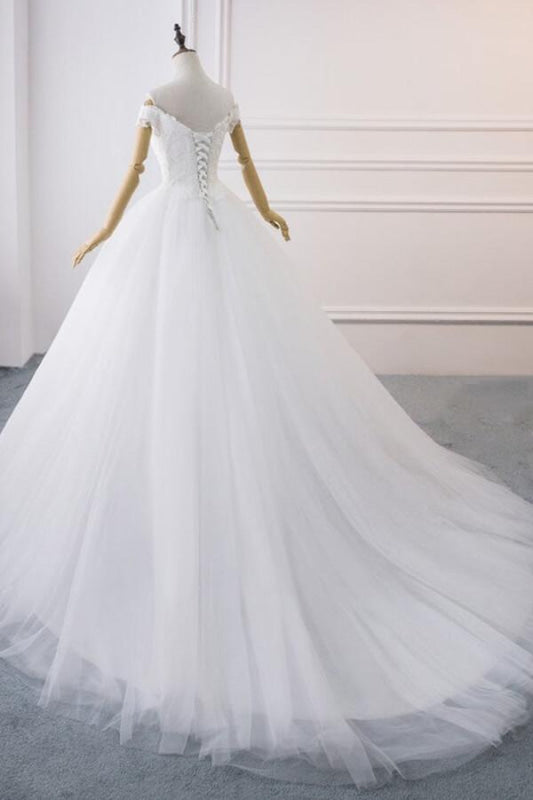 Amazing V-neck Lace Tulle Ball Gown Wedding Dress