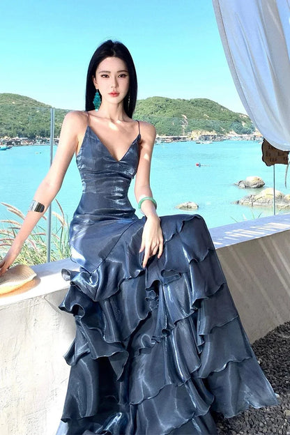 Elegant Deep Slate Blue Spaghetti Strap High-Slit Crisscross Lace-Up Open Back Tiered Satin Long Prom Dress Evening Dress cc5408