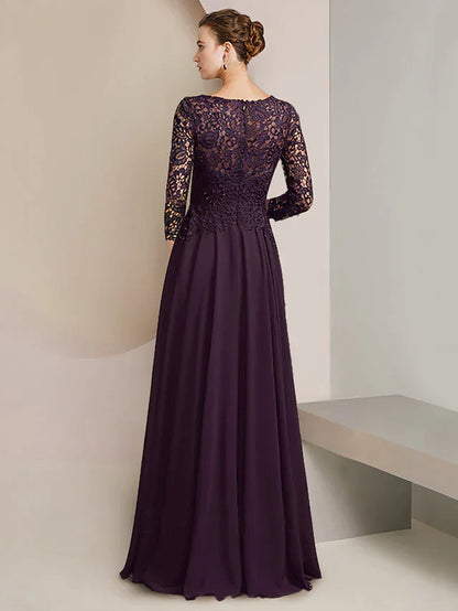 DingjiA-Line Mother of the Bride Dress Formal Elegant Scoop Neck Floor Length Chiffon Lace 3/4 Length Sleeve with Pleats Appliques