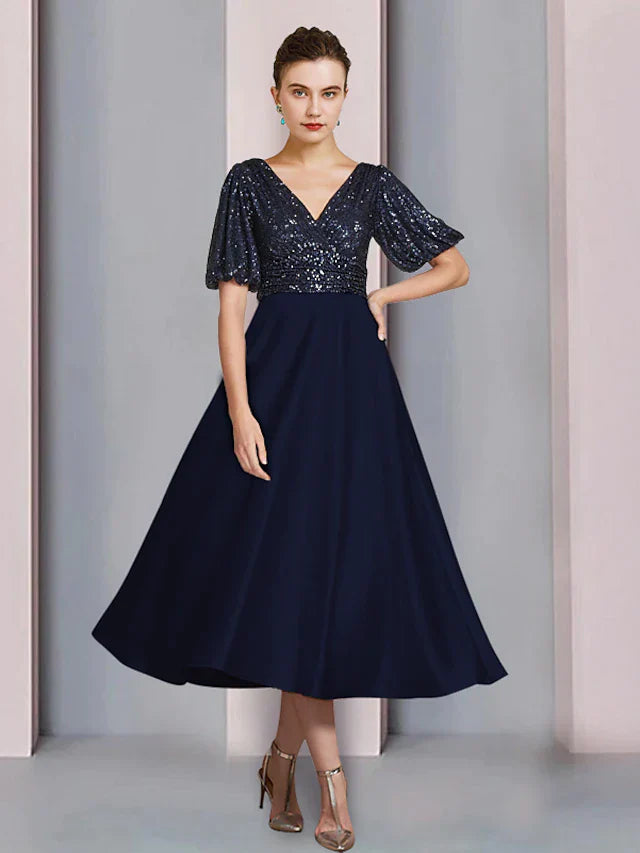 Sheath / Column Mother of the Bride Dress Wedding Guest Party Sparkle & Shine V Neck Asymmetrical Chiffon Sequined Short Sleeve with Pleats Solid Color