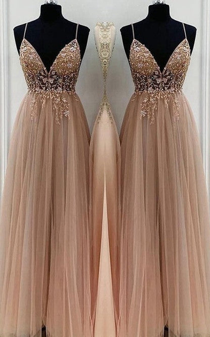 Aimishang A-Line Elegant Beading Tulle Spaghetti Straps Sleeveless Floor-Length Prom Dresses
