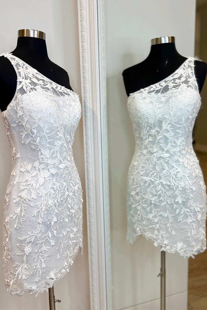 One-Shoulder White Appliques Fitted Homecoming Dress