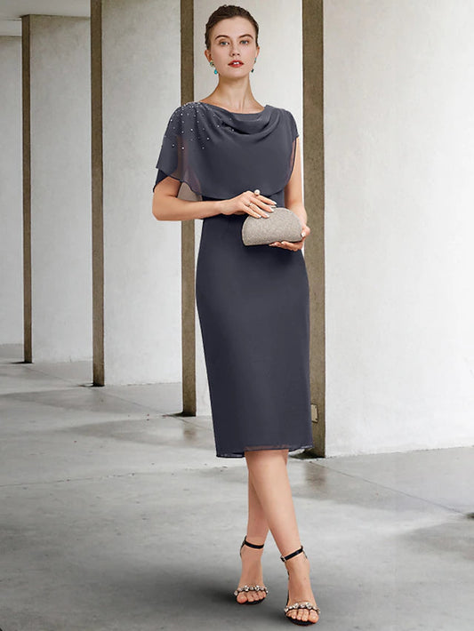 Sheath / Column Mother of the Bride Dress Wedding Guest Vintage Elegant Jewel Neck Tea Length Chiffon Short Sleeve with Pearls