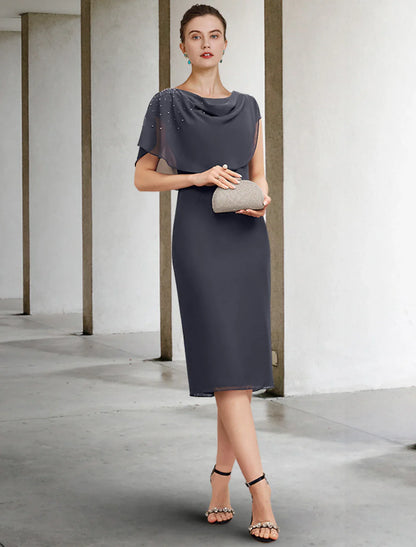 Sheath / Column Mother of the Bride Dress Wedding Guest Vintage Elegant Jewel Neck Tea Length Chiffon Short Sleeve with Pearls Ruching