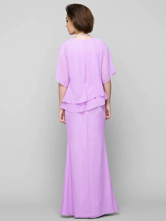 Mermaid / Trumpet Mother of the Bride Dress Elegant Scoop Neck Floor Length Chiffon Half Sleeve with Pleats