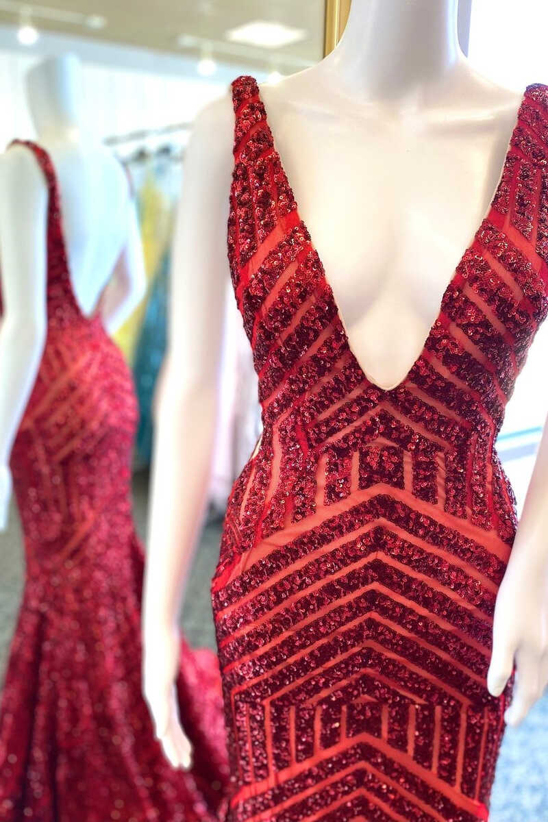 Plunging V-Neck  Sequins Sleeveless Mermaid Long Evening Prom Dress