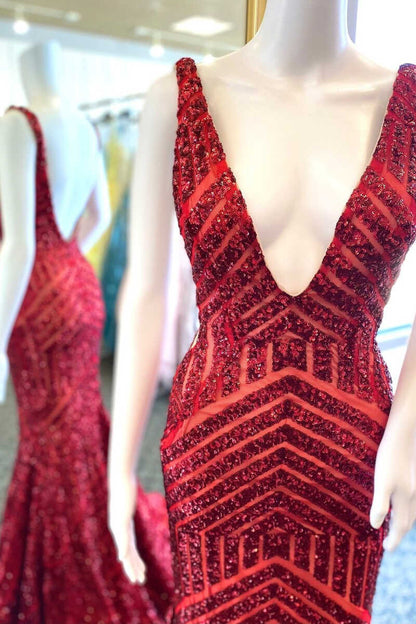 Plunging V-Neck  Sequins Sleeveless Mermaid Long Evening Prom Dress