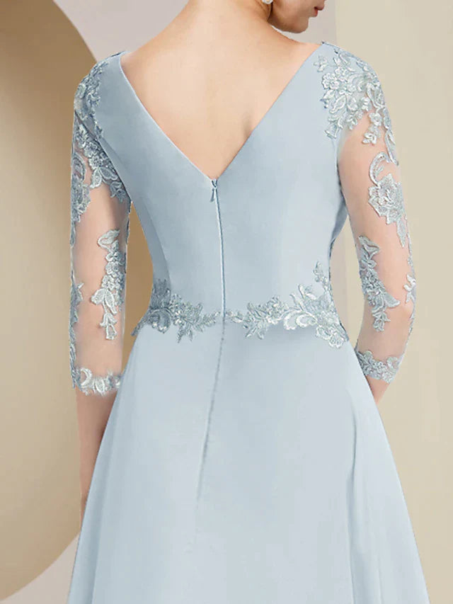 DingjiA-Line Mother of the Bride Dress Party Elegant V Neck Asymmetrical Lace Stretch Chiffon 3/4 Length Sleeve with Pleats Ruching