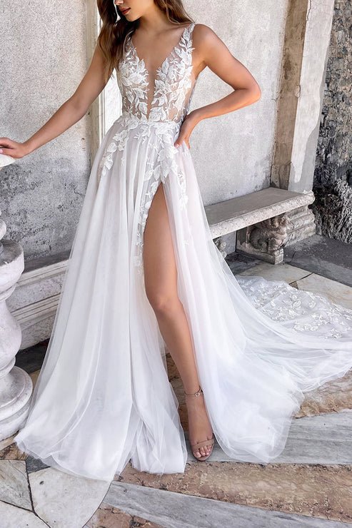 Hermosa | Attractive Illusion Deep V Neck Lace Appliques Boho Wedding Dress with Slit