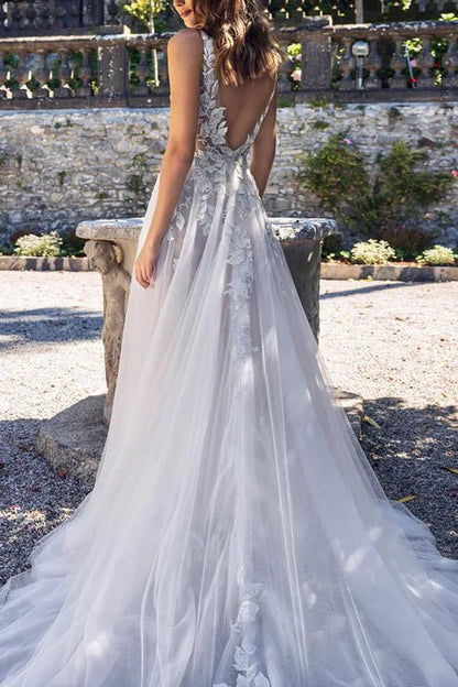 Hermosa | Attractive Illusion Deep V Neck Lace Appliques Boho Wedding Dress with Slit